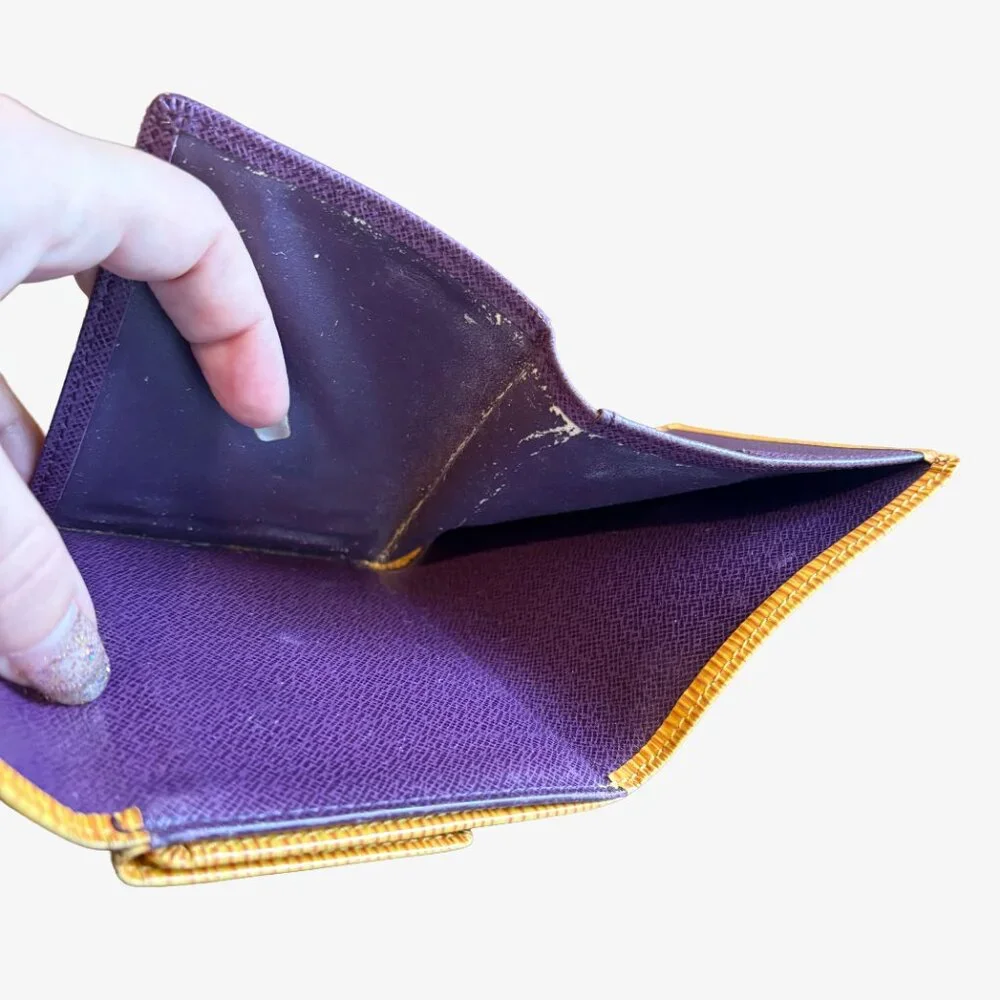 '93 Vintage LV Elise Compact Trifold Wallet in Yellow Epi + Purple Taiga Leather